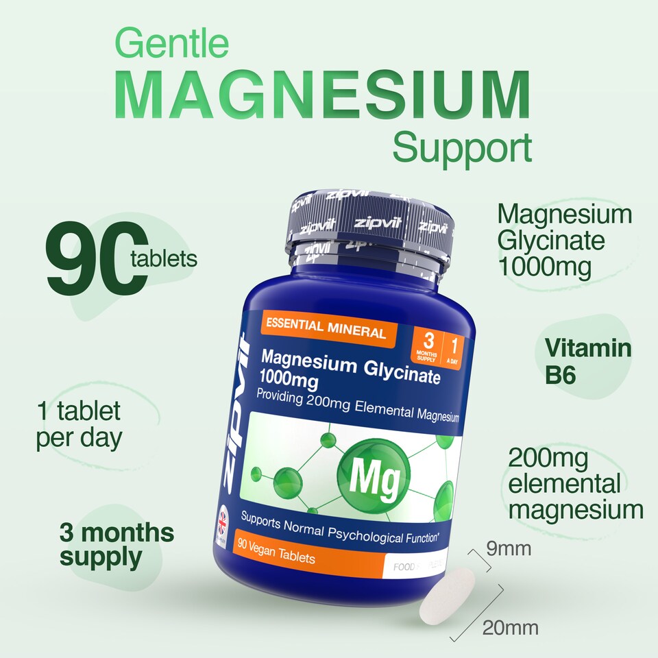 image 1 of Zipvit Magnesium Glycinate 1000mg, Relaxation & Energy Support, 90 Vegan Tablets, 3-Month Supply