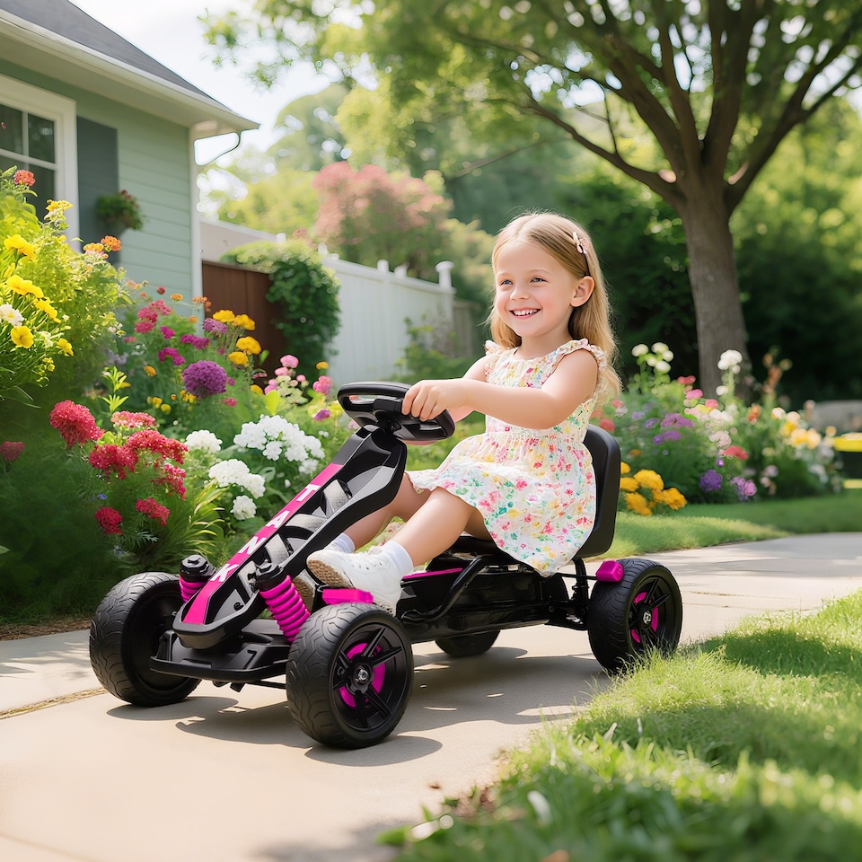 image 1 of AIYAPLAY Pedal Go Kart, Ride on Racer with Freewheel System, Brake, Non-Slip EVA Wheels, Metal Frame, Go Kart for Kids Ages 3-6 Years | Pink