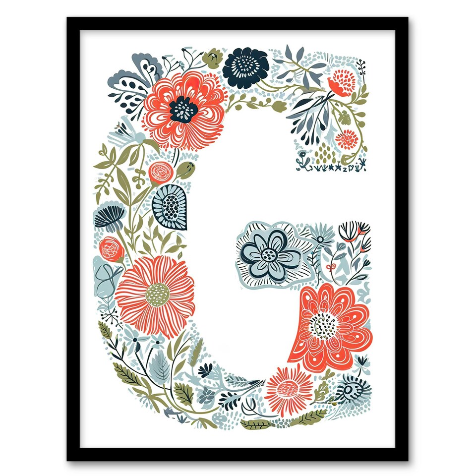 image 1 of Letter G in Flowers Floral Birthday Gift Mum Black Framed Wall Art Print A4