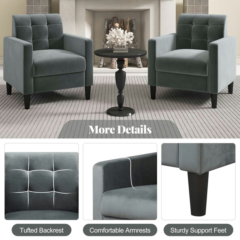 image 1 of COSTWAY Modern Velvet Accent Sofa Chair Upholstered Armchair | Grey | Chair