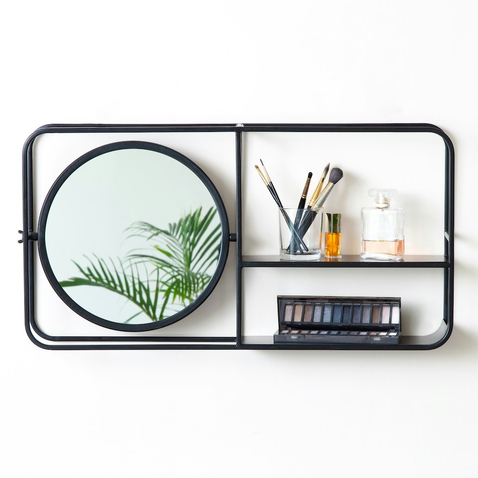 image 1 of Fine Decor FA3722W Edwin Shelving and Organiser Mirror, Black Black