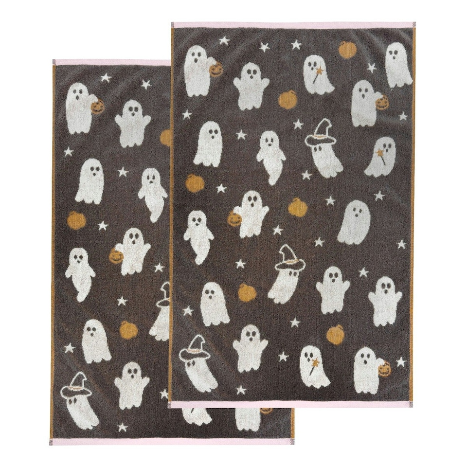 image 1 of Luxury Halloween Hand Towels Pack of 2 - 100% Cotton Spooky Tea Towels Grey | Ghosties