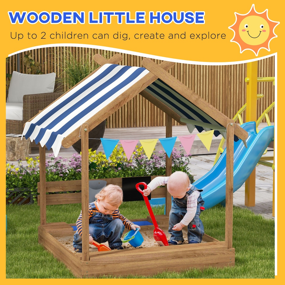 image 1 of Outsunny Sand Pit with Canopy, Blackboard, Toys, Sink, Seats, Flags for Kids | Brown | Brown