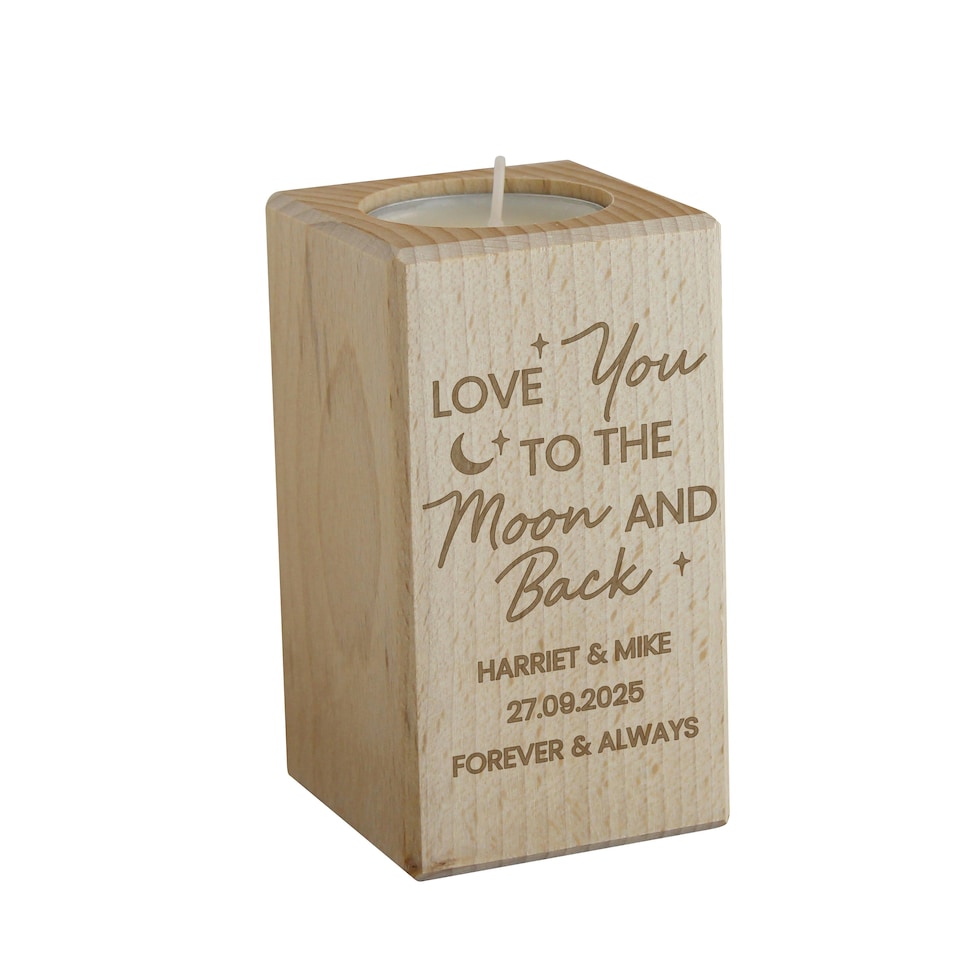 image 1 of Personalised Love You To The Moon Wooden Tealight Holder Brown