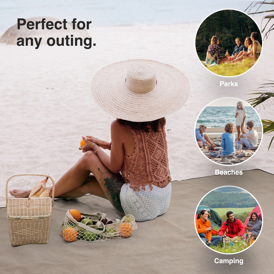 image 1 of VonShef Picnic Blanket XL Beige Herringbone for Outdoors