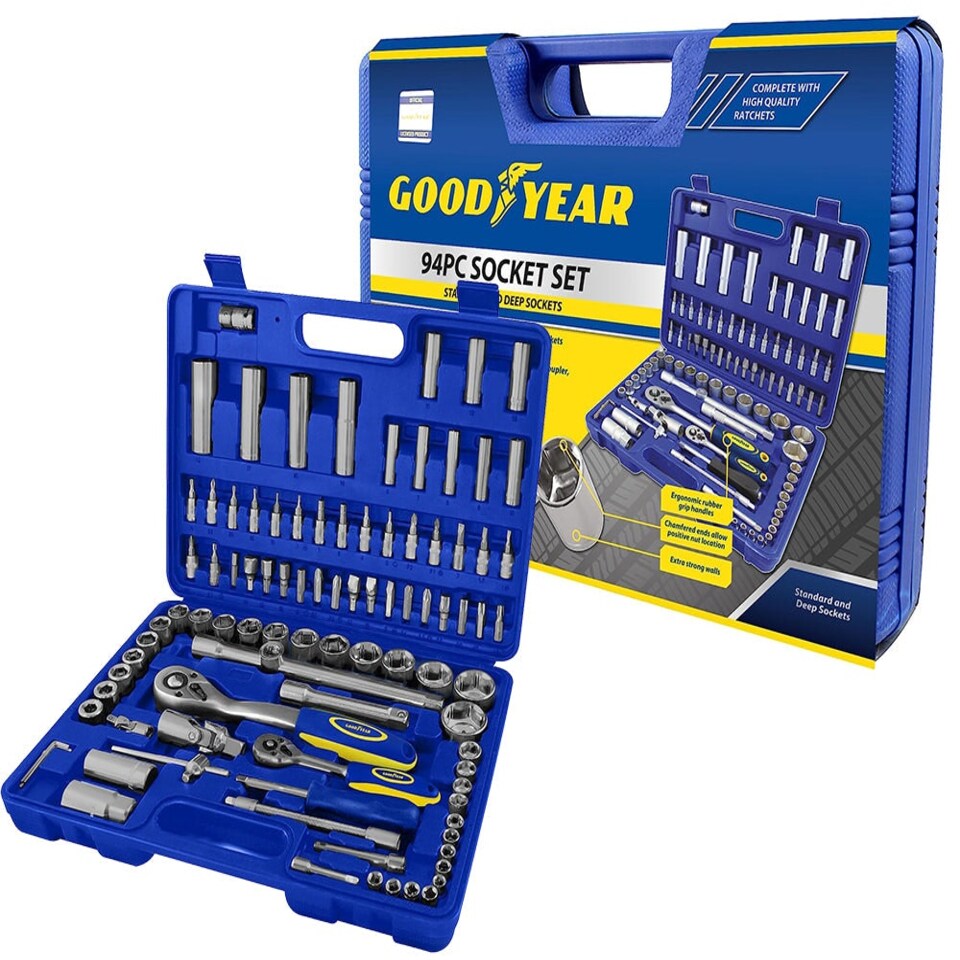 image 1 of Goodyear 94PC 1/2" 1/4" Socket Set & Screwdriver Bit Torx Ratchet Case Tool Kit