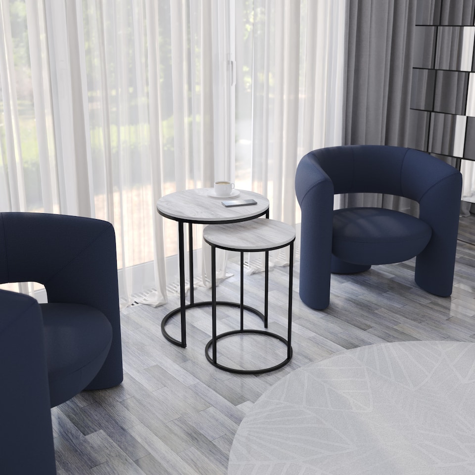 image 1 of 2Pc Round Nesting Stackable Sofa Side Bedside End Table Set Wood Top Metal Legs | Multi | White Ash Top with Black Legs