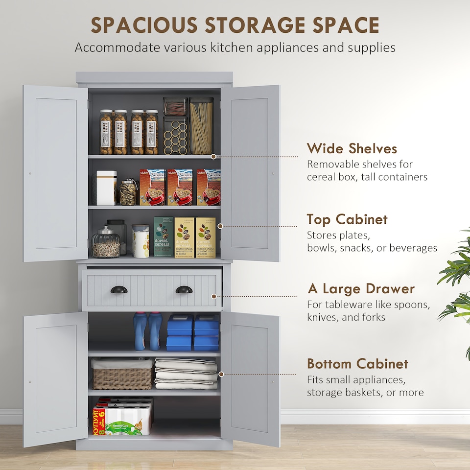 image 1 of HOMCOM 183cm Tall Kitchen Cupboard, Kitchen Pantry Cabinet with Drawer, 3 Adjustable Shelves and 4 Doors, Freestanding Storage Cabinet for Dining Room, Living Room, Grey