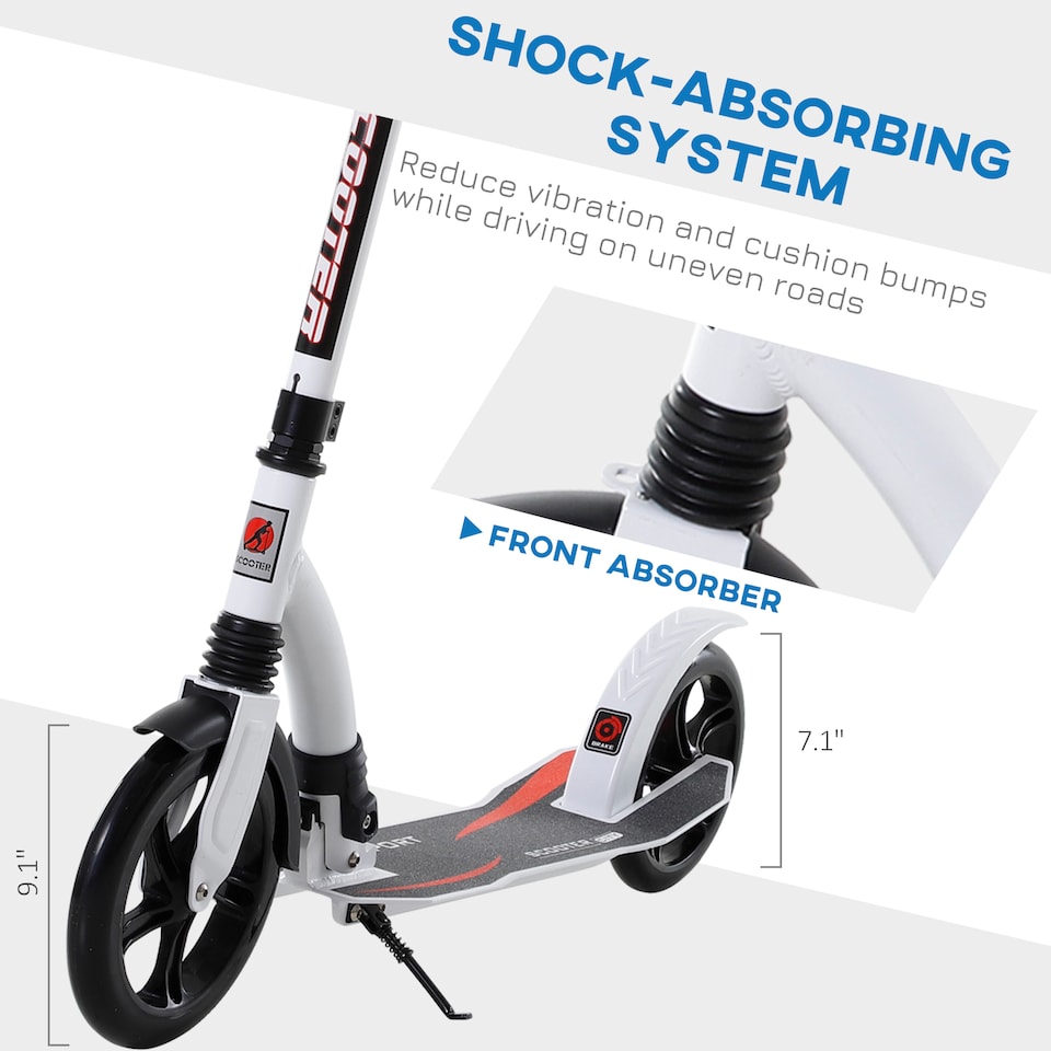 image 1 of HOMCOM Foldable Kick Scooter with Double Shock Absorption and Big Wheels, Height Adjustable Aluminium Frame Big Wheel Scooter for 14+ Teens Adult - White