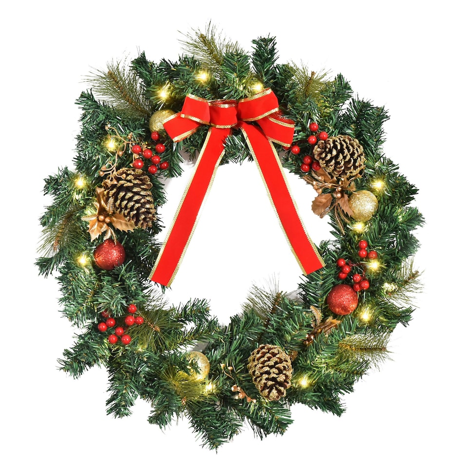 image 1 of HOMCOM Pre-Lit Artificial Christmas Door Wreath Holly Garland Decor 20 LED