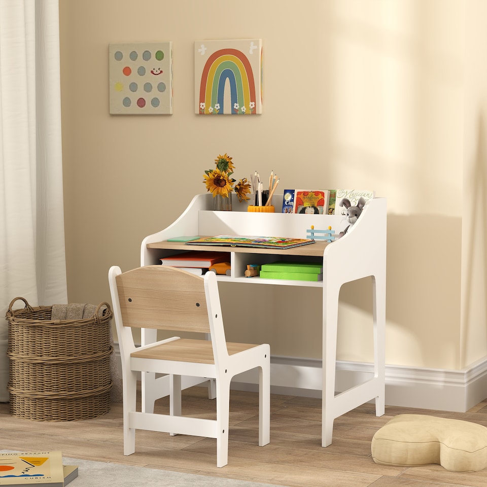 image 1 of AIYAPLAY Kids Desk and Chair Set, Children Study Table with Storage, Natural | White | Natural wood finish and white | Desk: 68H x 60W x 48D cm; Chair: 53H x 30W x 33.5D cm