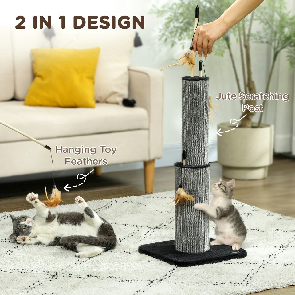 image 1 of PawHut Cat Scratch Post 2-in-1 with 3 Toy Feathers, 78cm Tall, Black