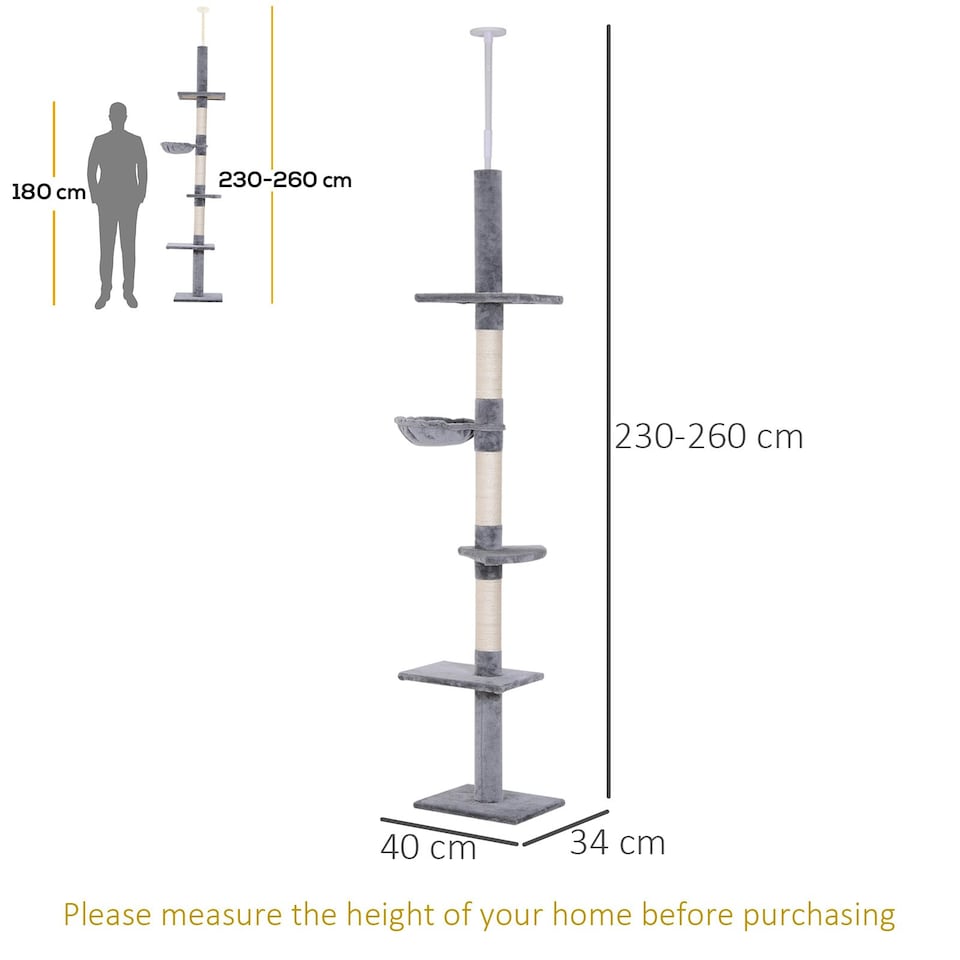 image 1 of PawHut Floor to Ceiling Cat Tree 5-Tier Climbing Tower Scratching Post Grey