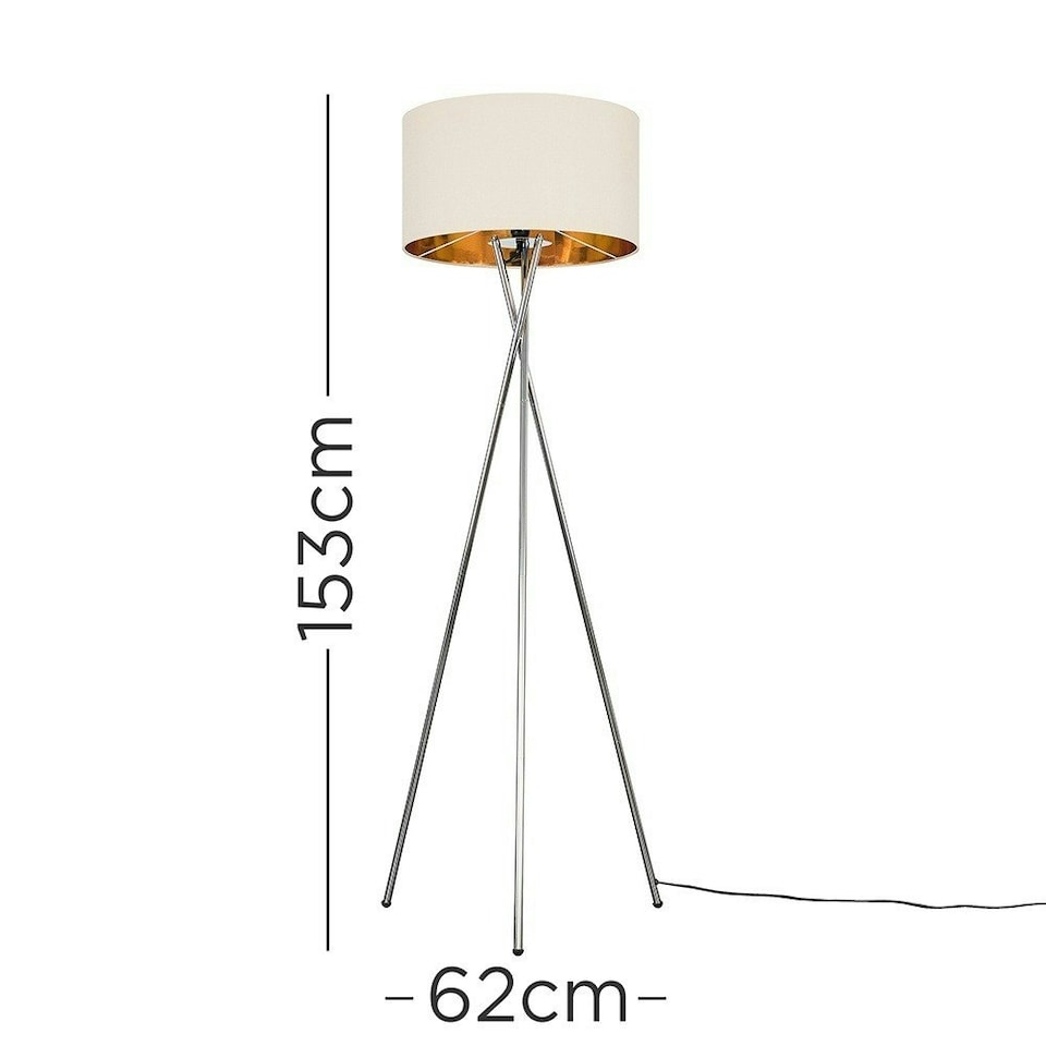 image 1 of ValueLights Camden Chrome Tripod Floor Lamp Beige & Gold Shade & Bulb | Cream
