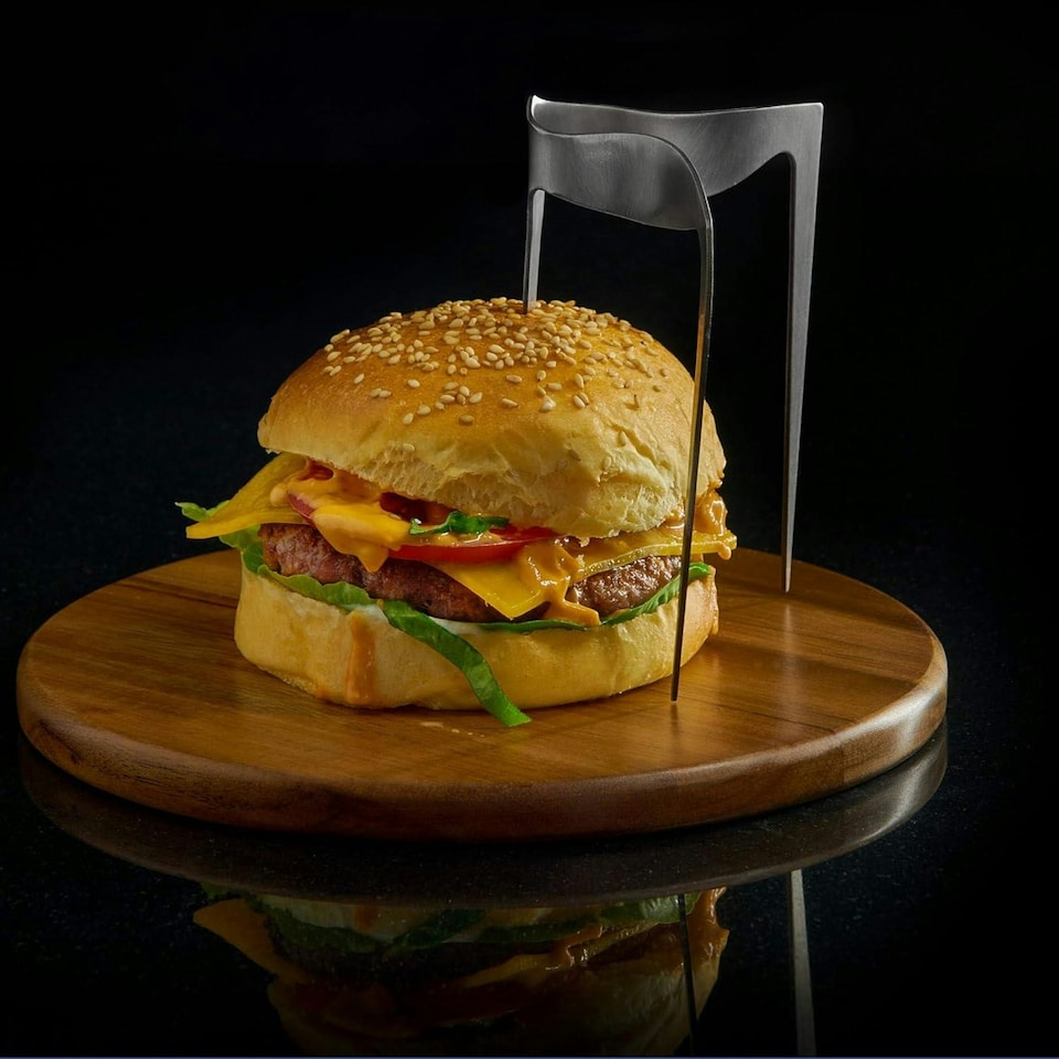 image 1 of Burger Skewer 18/8 Stainless Steel with Wooden Plate 20cm Diameter
