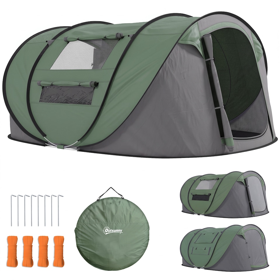 image 1 of Outsunny Camping Tent Dome Pop-up Tent with Windows for 3 Person Dark Green