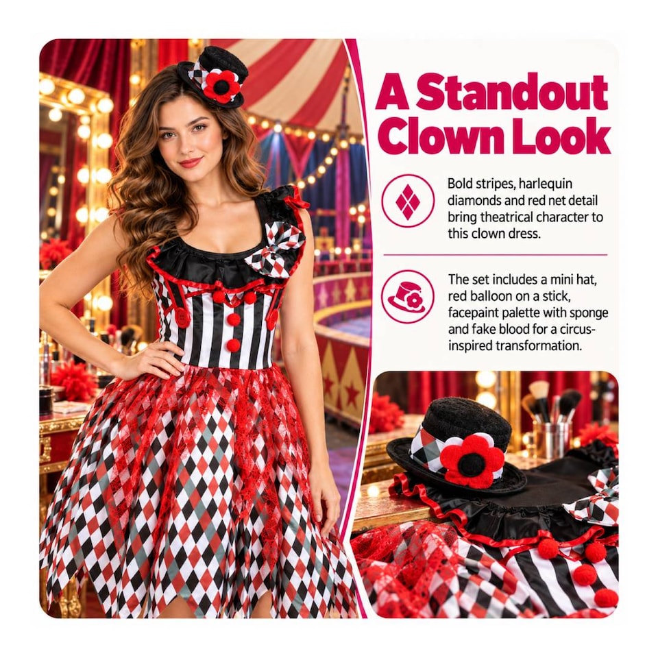 image 1 of Womens Killer Clown Halloween Costume - Fancy Dress with Balloon Prop