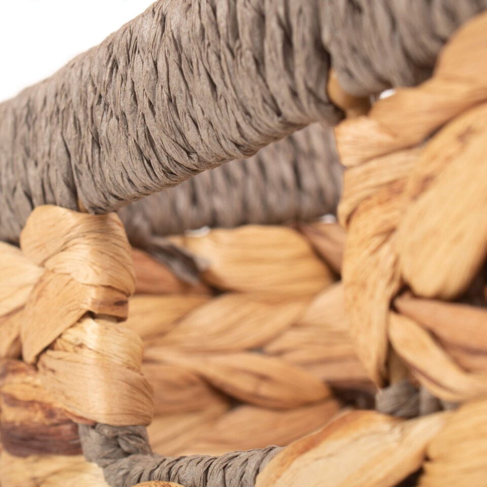 image 1 of Small Shallow Rectangular Water Hyacinth With Grey Rope Border Storage Basket | Brown | Brown