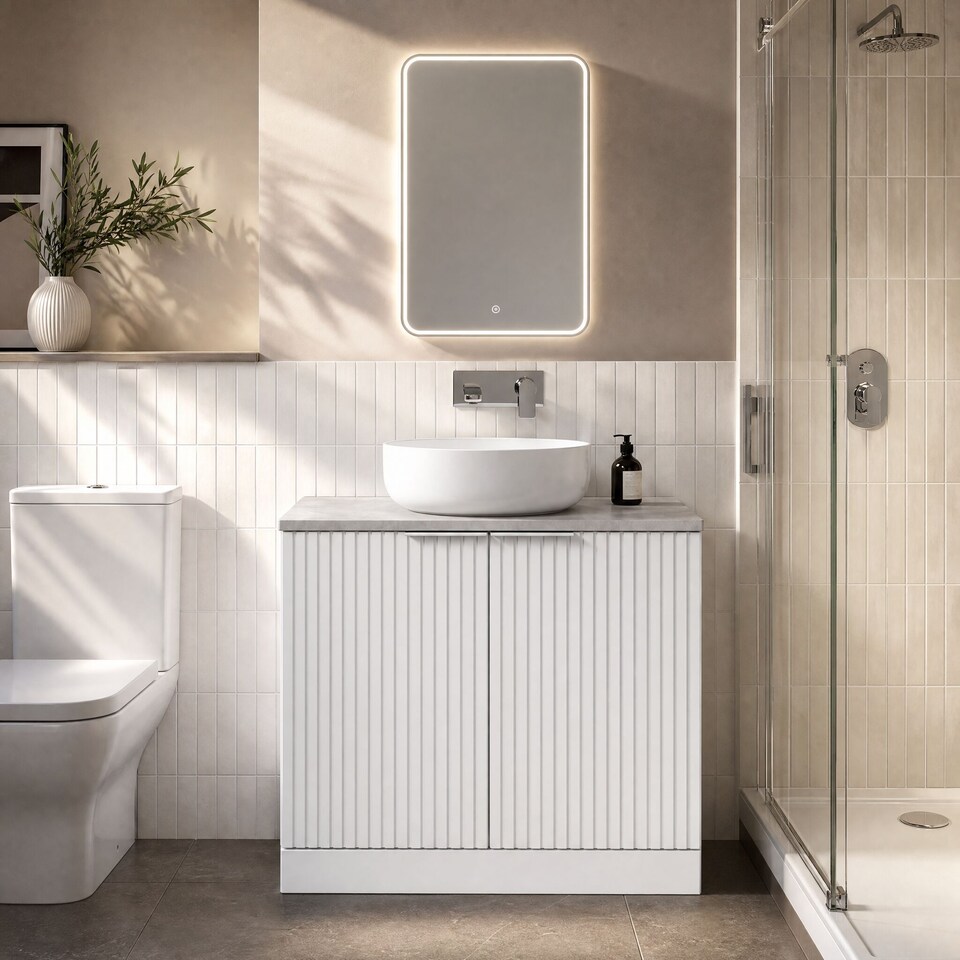 image 1 of Balterley Callingwood Contemporary Floor Standing 2 Door Vanity Unit with Bellato Grey Laminate Worktop , 800mm, Matt White