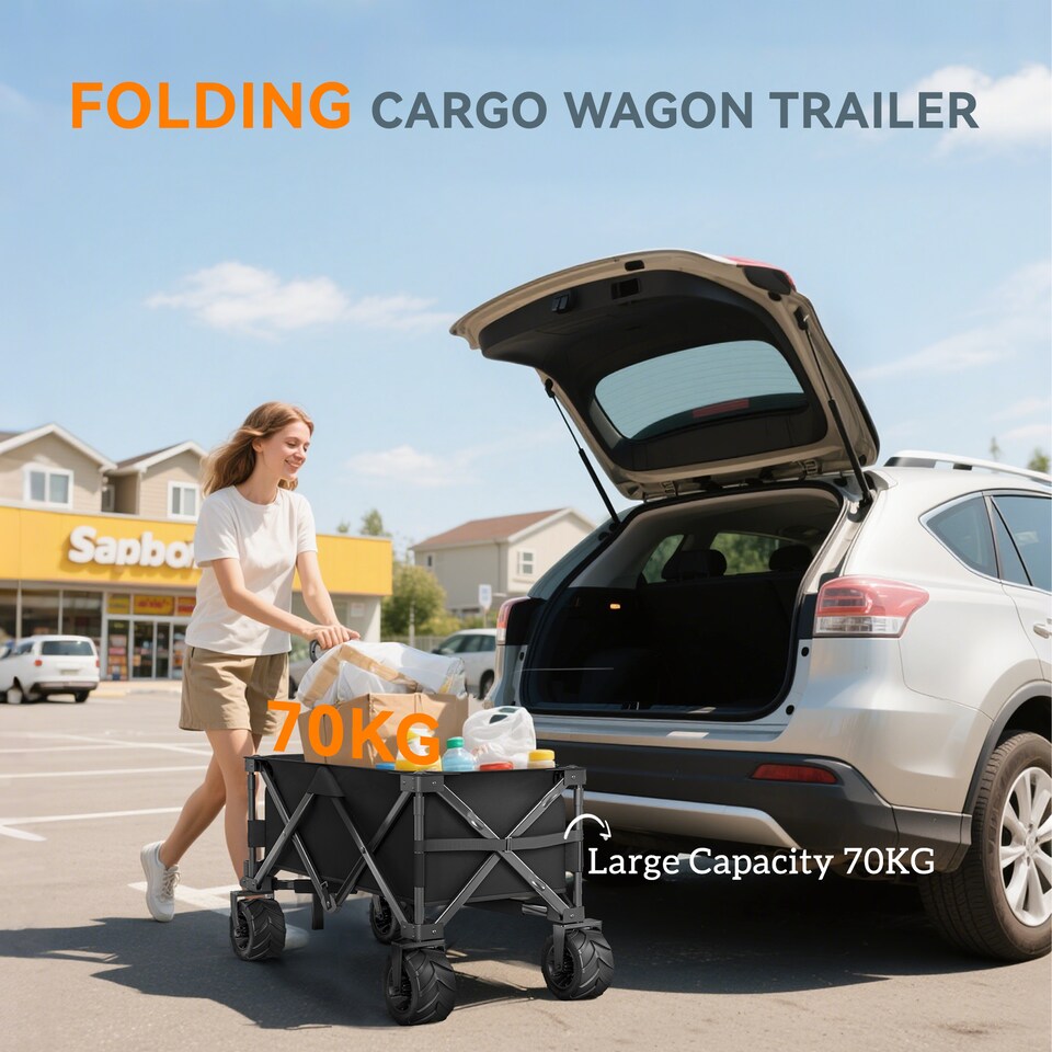 image 1 of Outsunny Outdoor Pull Along Garden Trolley on Wheels Folding Beach Cart Black