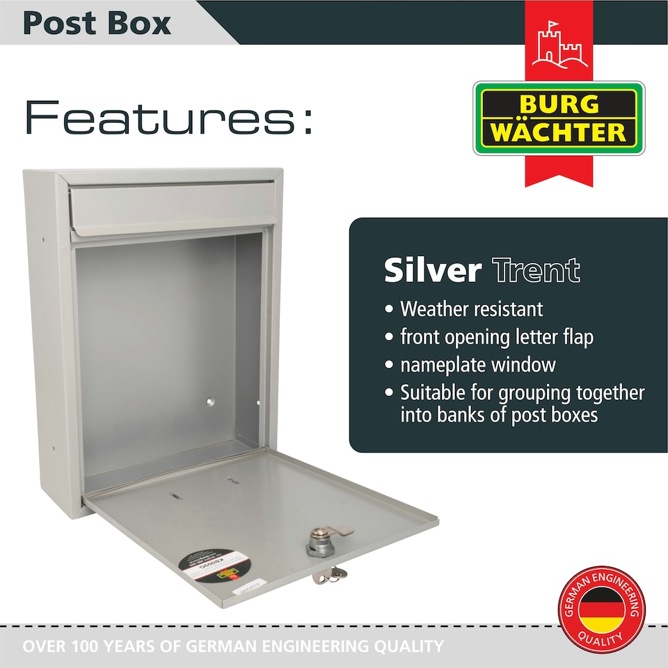 image 1 of Burg-Wachter Trent Wall Mounted Galvanised Steel Lockable Post Box - 26x34x9cm Silver