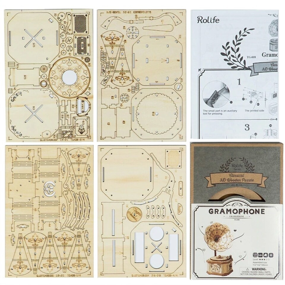 image 1 of Rolife 3D Wooden Puzzle Bi-Plane Gramophone