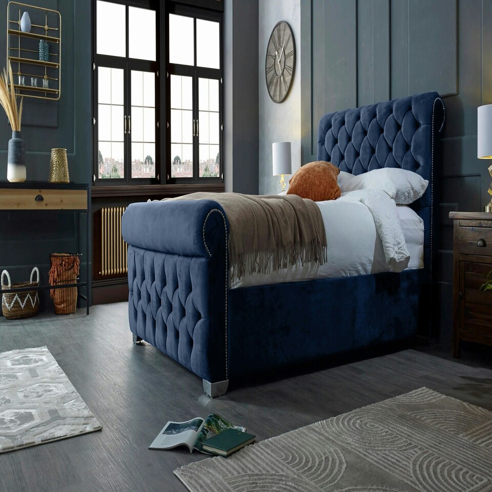 image 1 of Veneta Plush Blue King Bed Frame - Blue