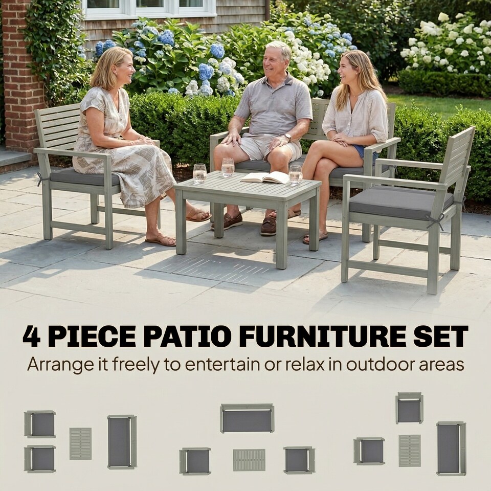 image 1 of Outsunny 4 Seater Wooden Garden Furniture Set with Loveseat, Chairs, Table | Grey | Light Grey | Four Seater