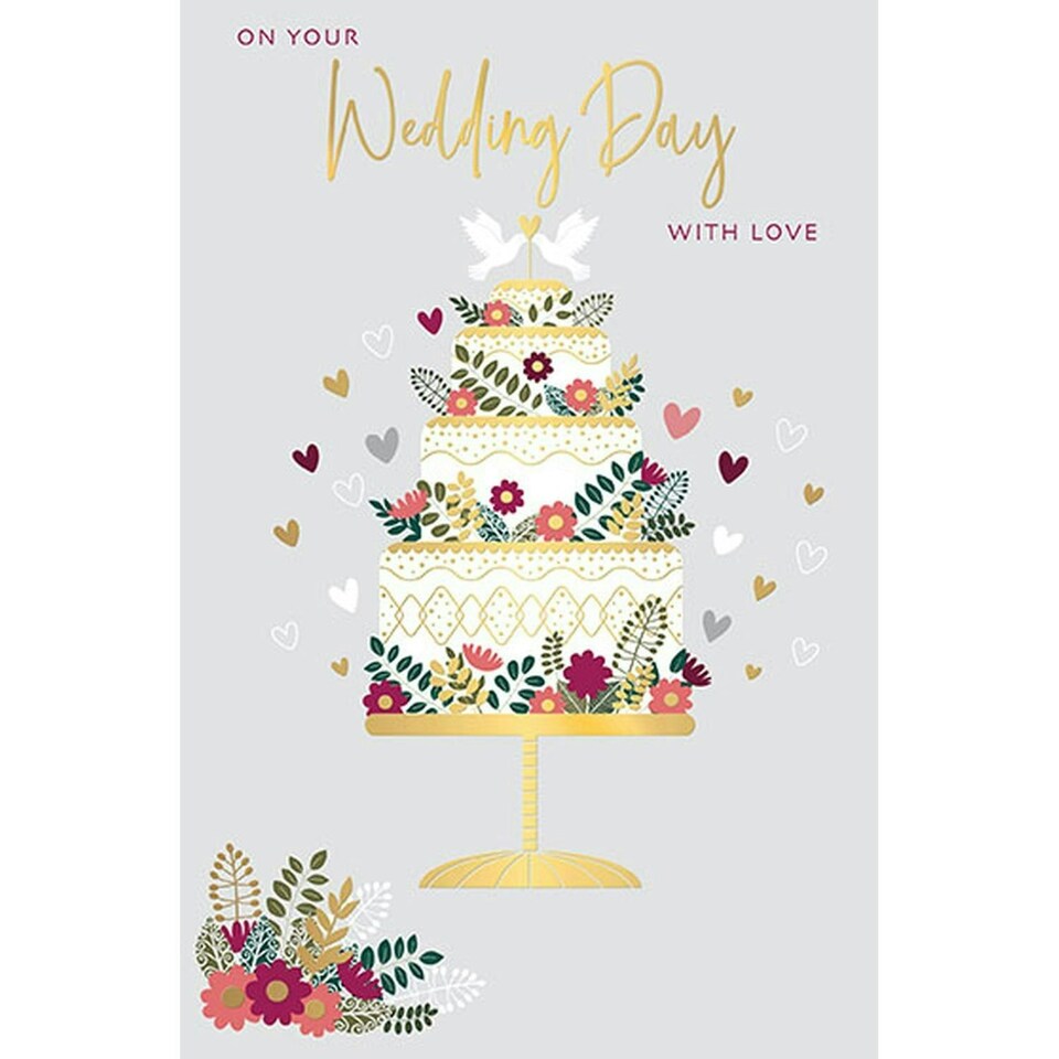 Words 'n' Wishes Wedding Day Congratulations Card, Modern Floral Cake and Love Heart Design, Multi-Coloured, Made in the UK