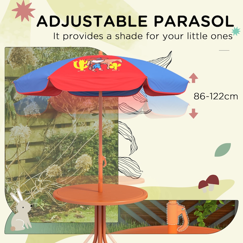 image 1 of Outsunny Kids Bistro Table and Chair Set w/ Cowboy Theme, Adjustable Parasol
