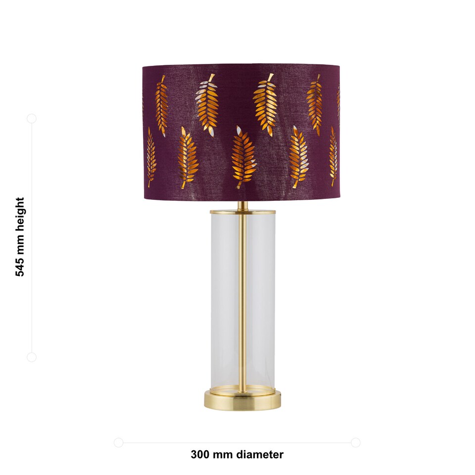 image 1 of Aura - Satin Brass Table Lamp with Burgundy Fern Cut Out Shade