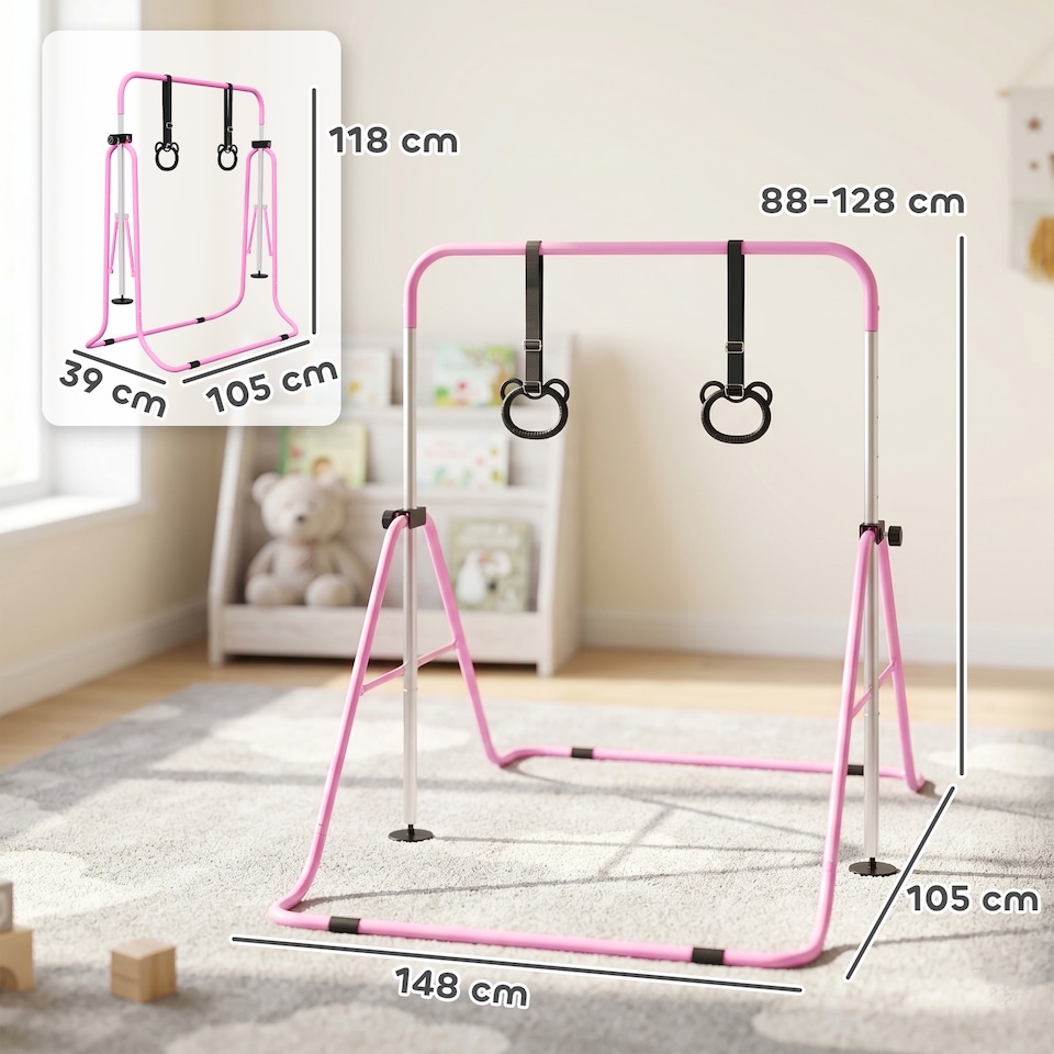 image 1 of HOMCOM Adjustable Height Foldable Kids Gymnastics Bar, Pink