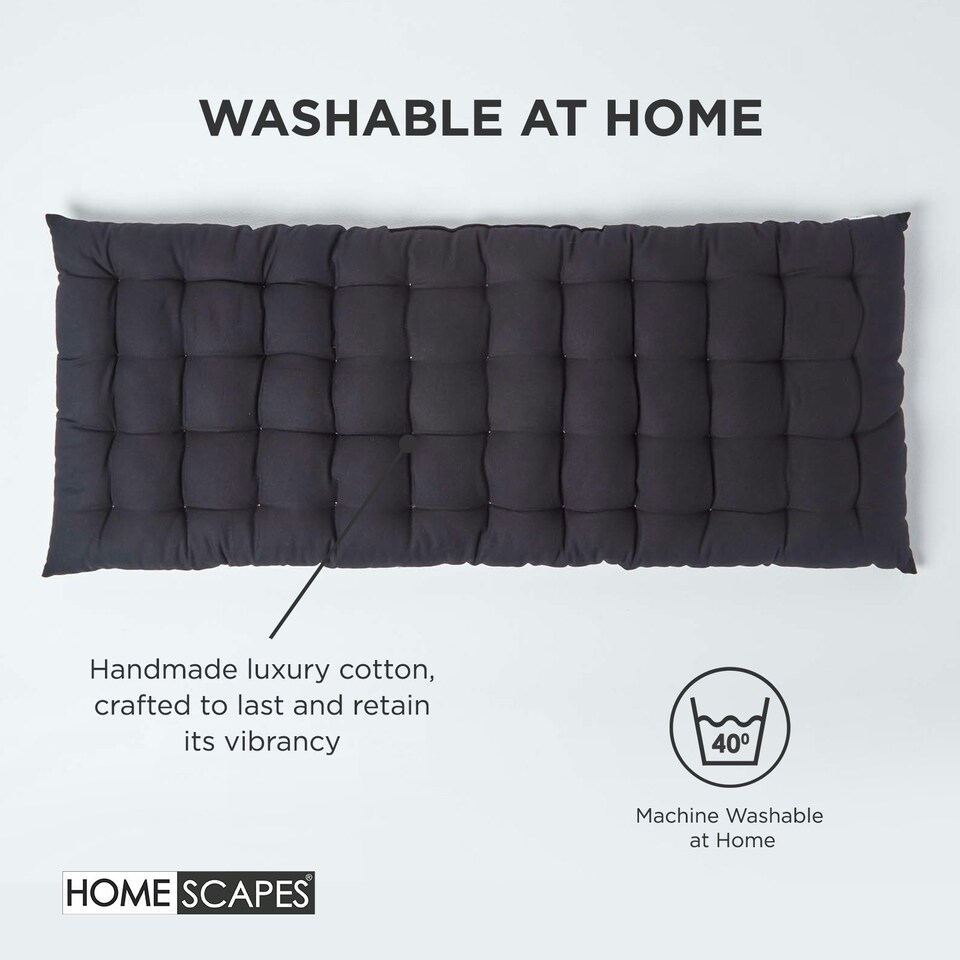 image 1 of Homescapes Garden Bench Cushion Luxury 3 Seater 100% Cotton Indoor Outdoor Seat Pad Black | 143 x 48 cm