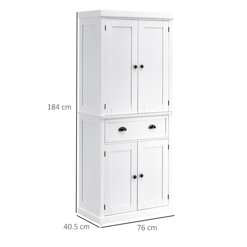 image 1 of HOMCOM Freestanding Kitchen Cupboard, 184cm Tall Storage Cabinet with Doors and Shelves, Traditional Colonial 4-Door Kitchen Pantry Cupboard with Drawer, White