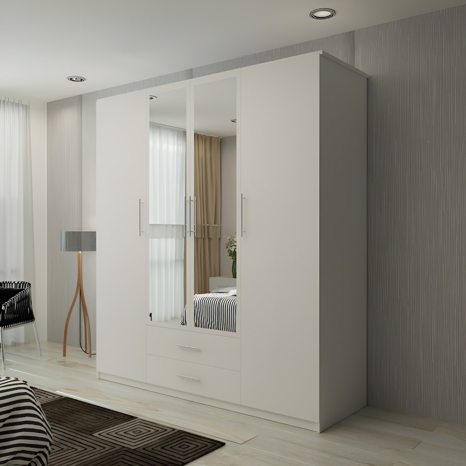 image 1 of Modern Space-Saving 4-Door Hinged Wardrobe with Central Mirrored Doors - 8 Shelves & 2 Drawers, 171cm Wide