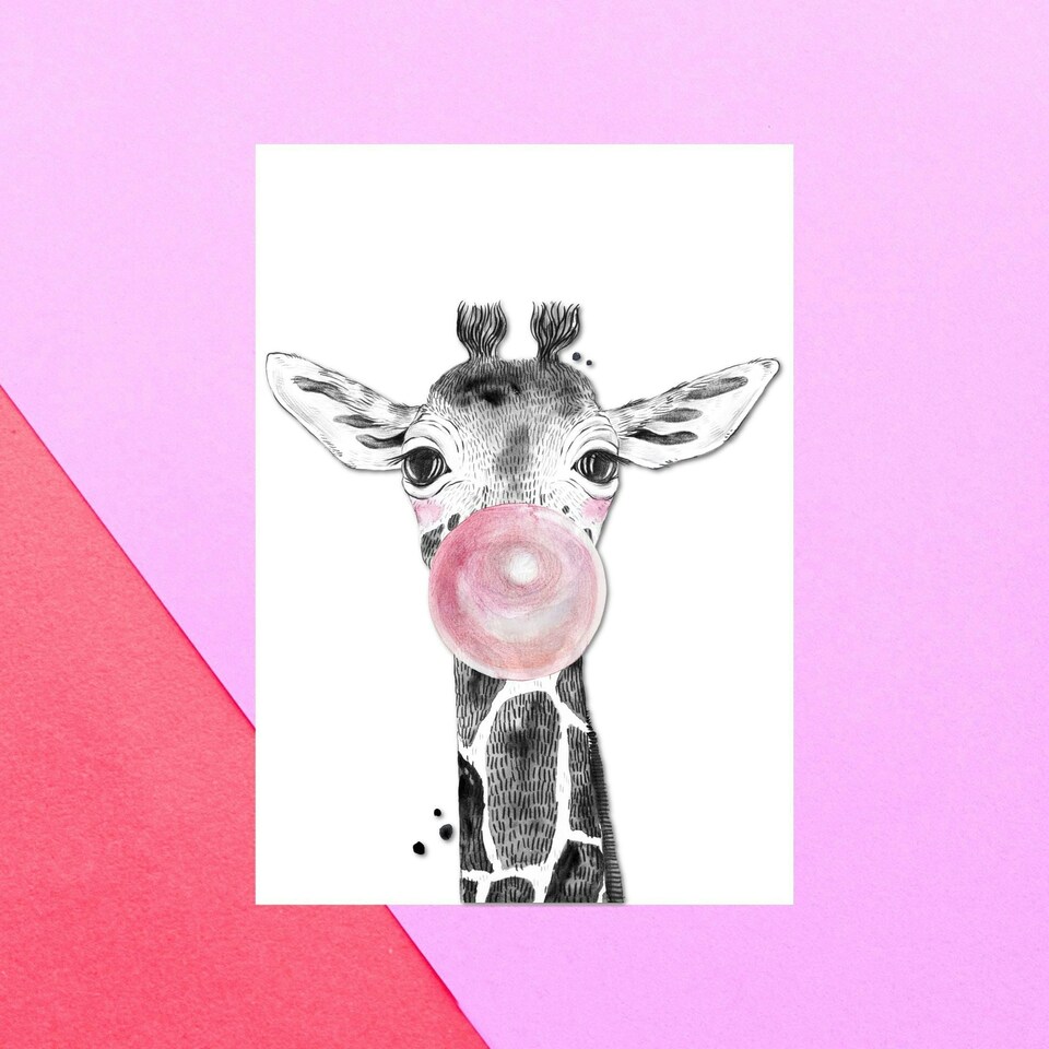 Giraffe Pink Bubblegum Greetings Card