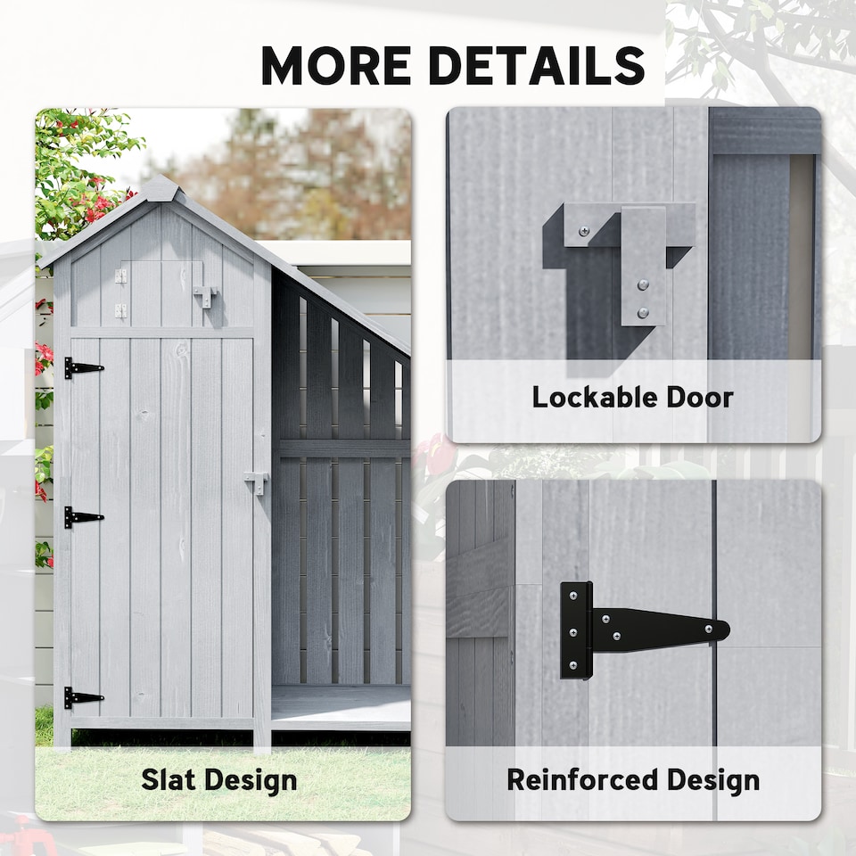 image 1 of Outsunny Fir Garden Storage Shed With Shelves Log Rack, For Garden Tools | Grey | Grey and Black