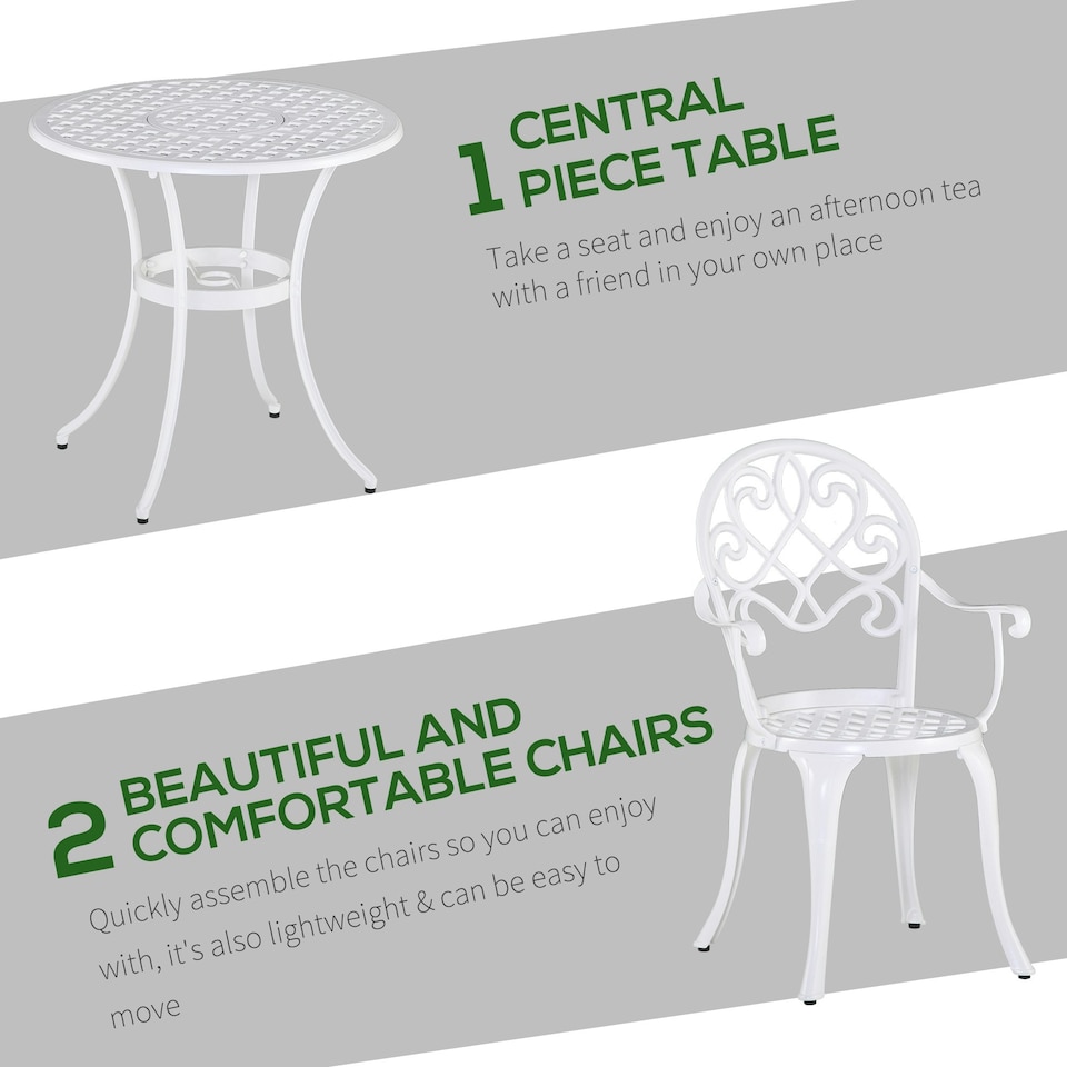 image 1 of Outsunny 3PCs Garden Bistro Set Cast Aluminium Round Table with 2 Chairs White