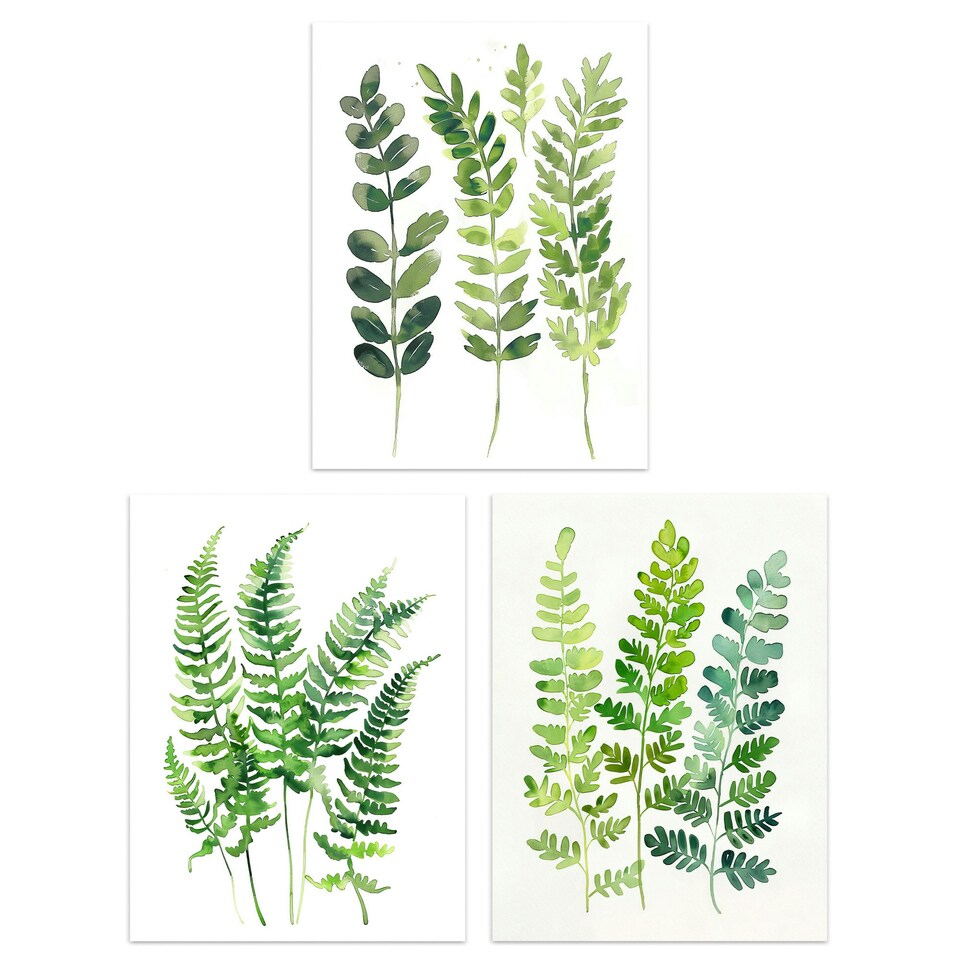 image 1 of Set of 3 Fern Fronds Leaves Botanical Watercolour Living Room A4 Size Wall Art Prints Pack