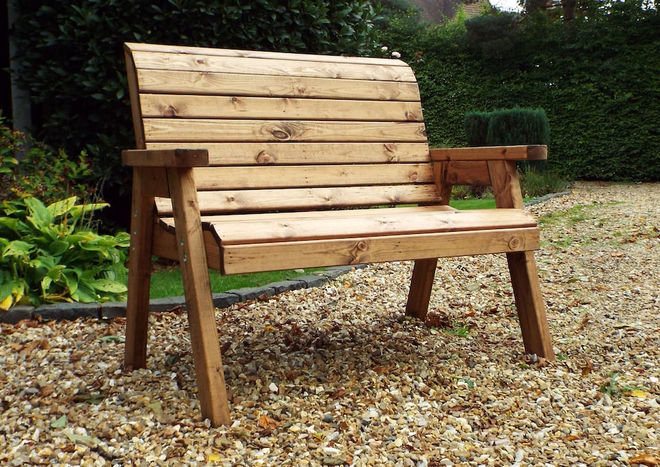 image 1 of Hand Made Traditional 2 Seater Chunky Rustic Wooden Garden Bench with Green Cushions