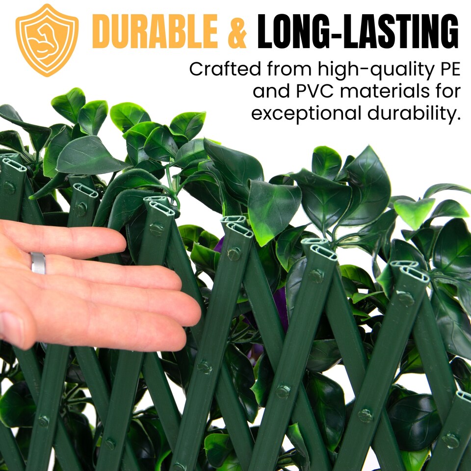 image 1 of Expanding Trellis With Artificial Leaves and Flowers - Ficus Leaf Garden Hedge Balcony Privacy Screening Panel | Green | Green & Purple | M | 1