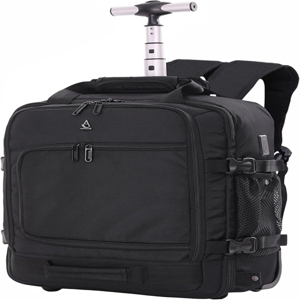 image 1 of Aerolite 45x36x20 Easyjet Maximum Size Backpack Trolley Bag With 2Wheels Cabin Luggage Approved Extendable Handle Travel Holdall Rucksack with10 Year Warranty Black
