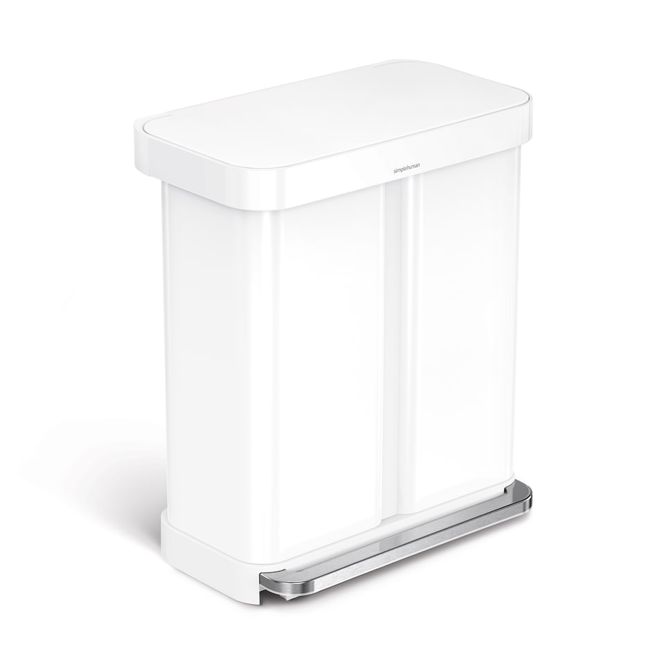 image 1 of Simplehuman 58L Recycling Rectangular Pedal Bin with Liner Pocket, Wihte Steel with White Plastic Lid