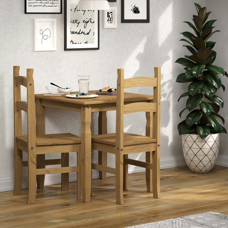 image 1 of Premium Corona Square Dining Set with Table and 2 Chairs in Grey or Brown Waxed Pine - Solid Wood | Brown | Brown | 1