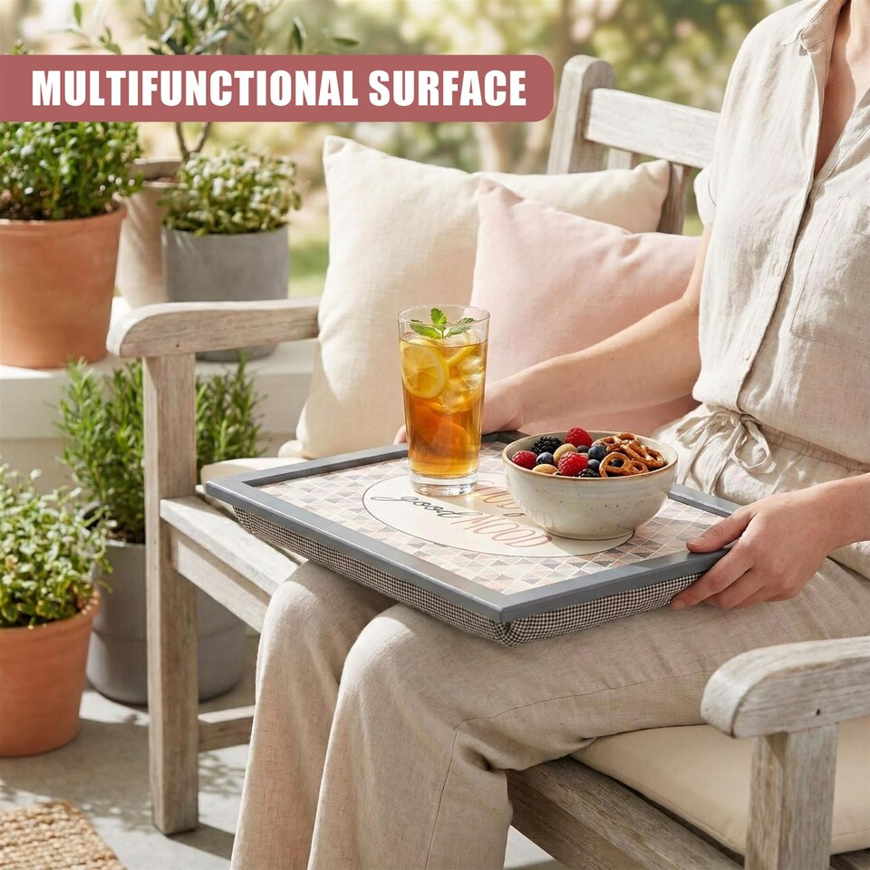 image 1 of GEEZY Good Food Good Mood Design Wooden Lap Serving Tray with Bean Bag Cushion 44x34cm