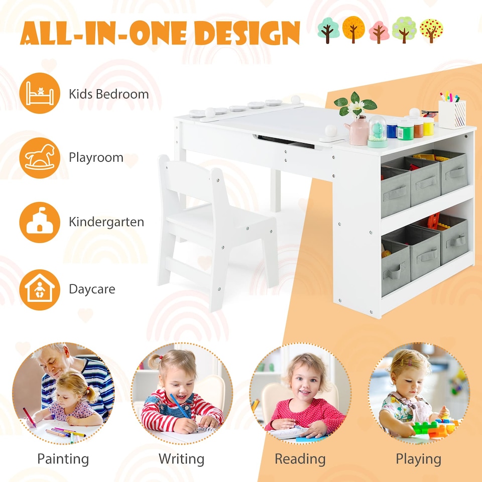 image 1 of COSTWAY 2-in-1 Kids Wooden Art Table and Art Easel Set With Chairs Storage Bins Paper Roll