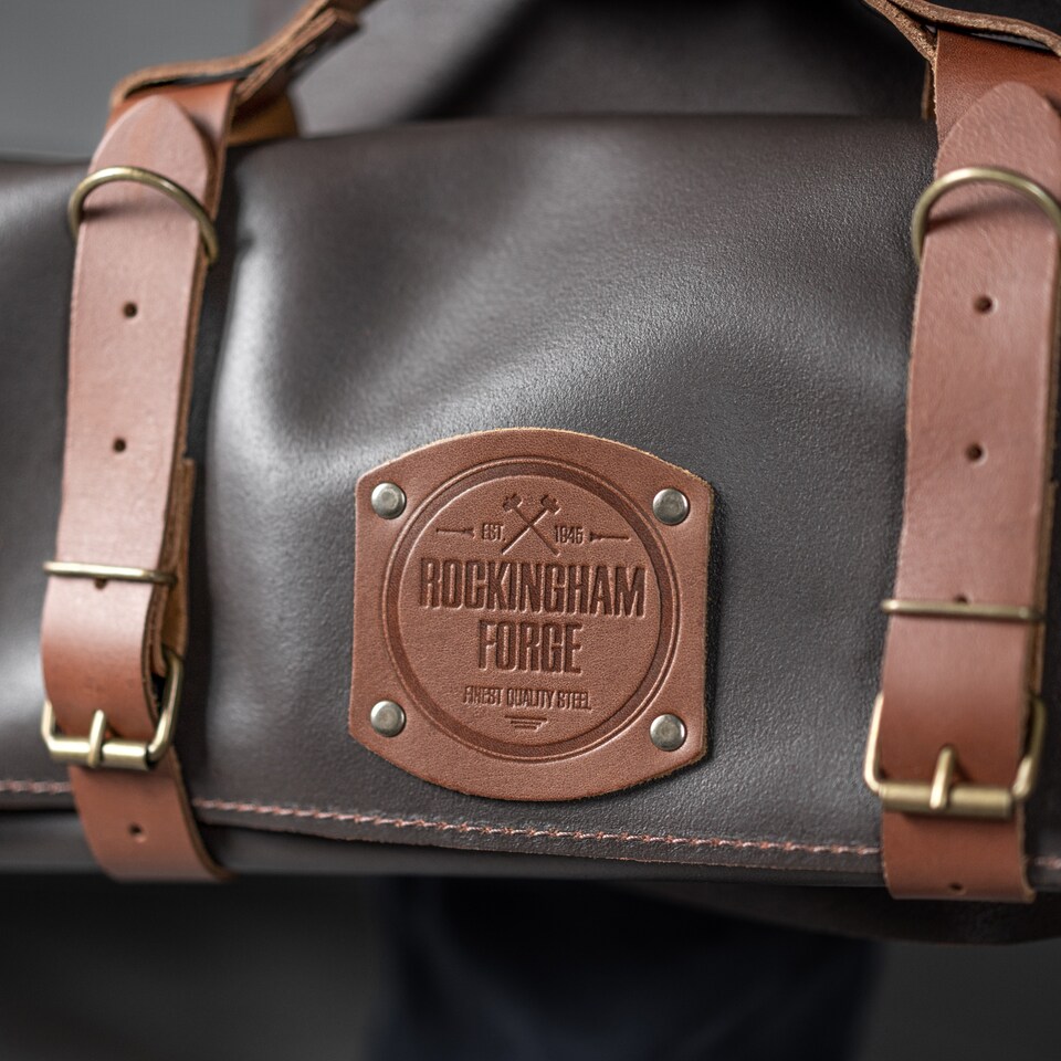 image 1 of Rockingham Forge Leather Knife Roll Case, Brown Italian Leather - 5 Pockets