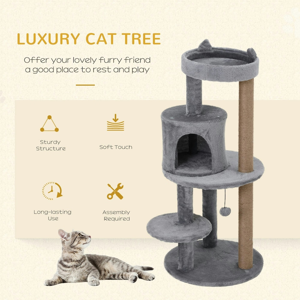 image 1 of PawHut 104cm Cat Tree Condo Tower with Scratching Post Perch Ball, Grey