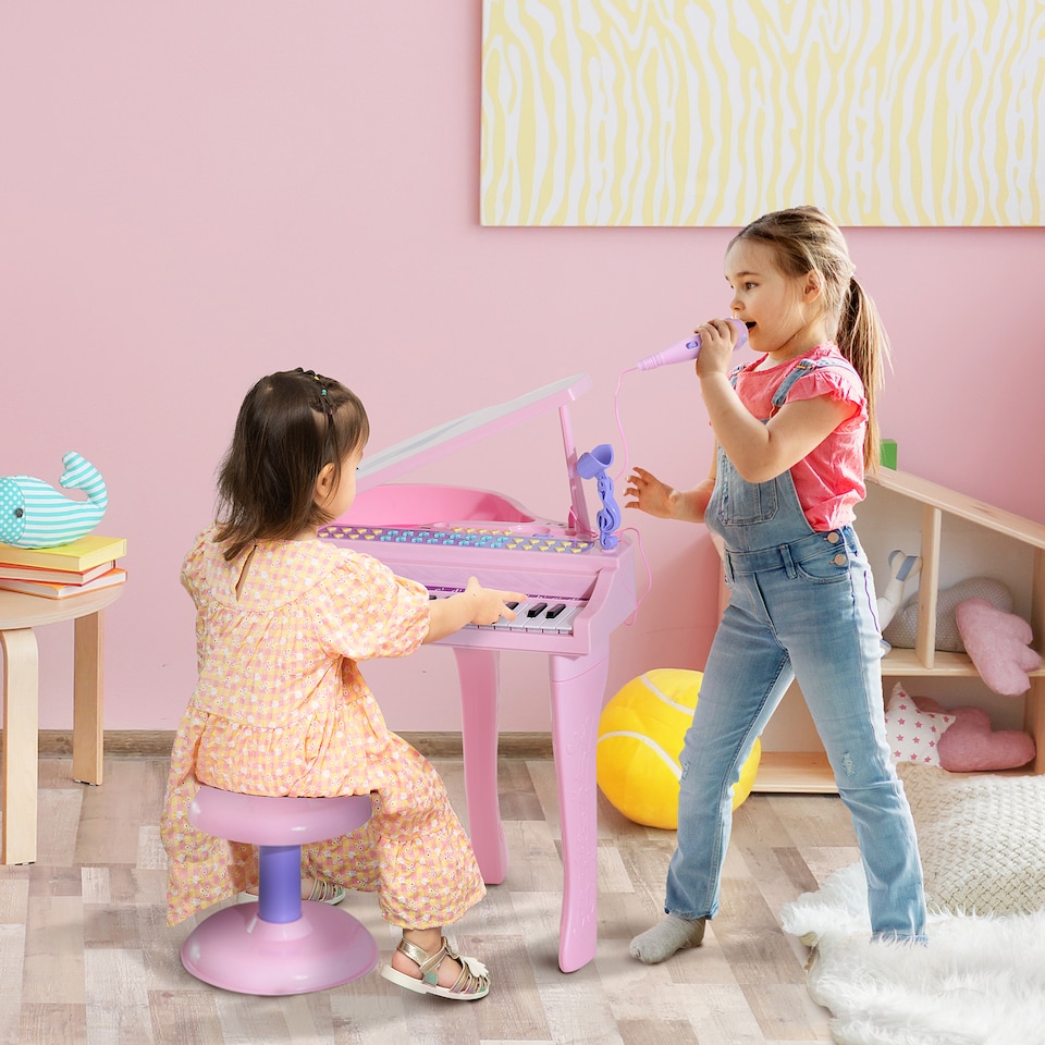 image 1 of HOMCOM 37 Key Musical Mini Piano Electrionic Keyboard Microphone Stool Pink | Pink