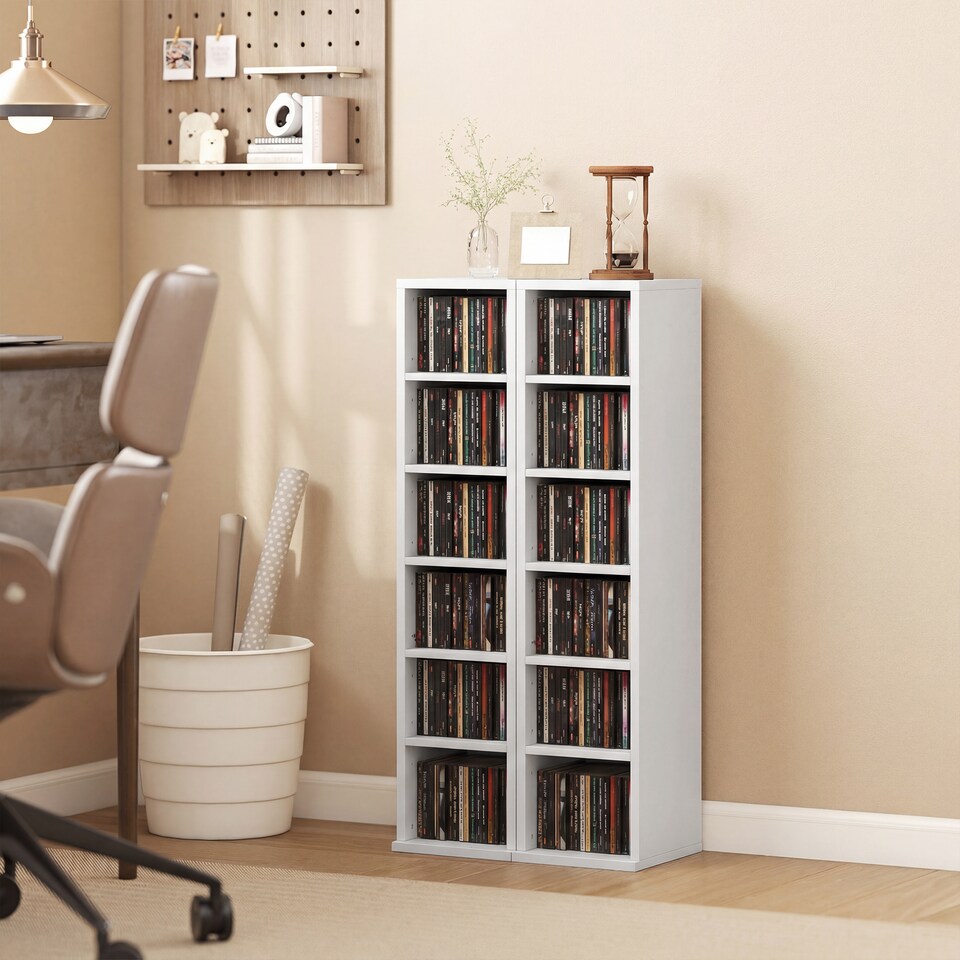 image 1 of HOMCOM Set of 2 CD Storage Units DVD Shelf with Adjustable Shelves | White | White | 21W x 22.5D x 88.5H cm